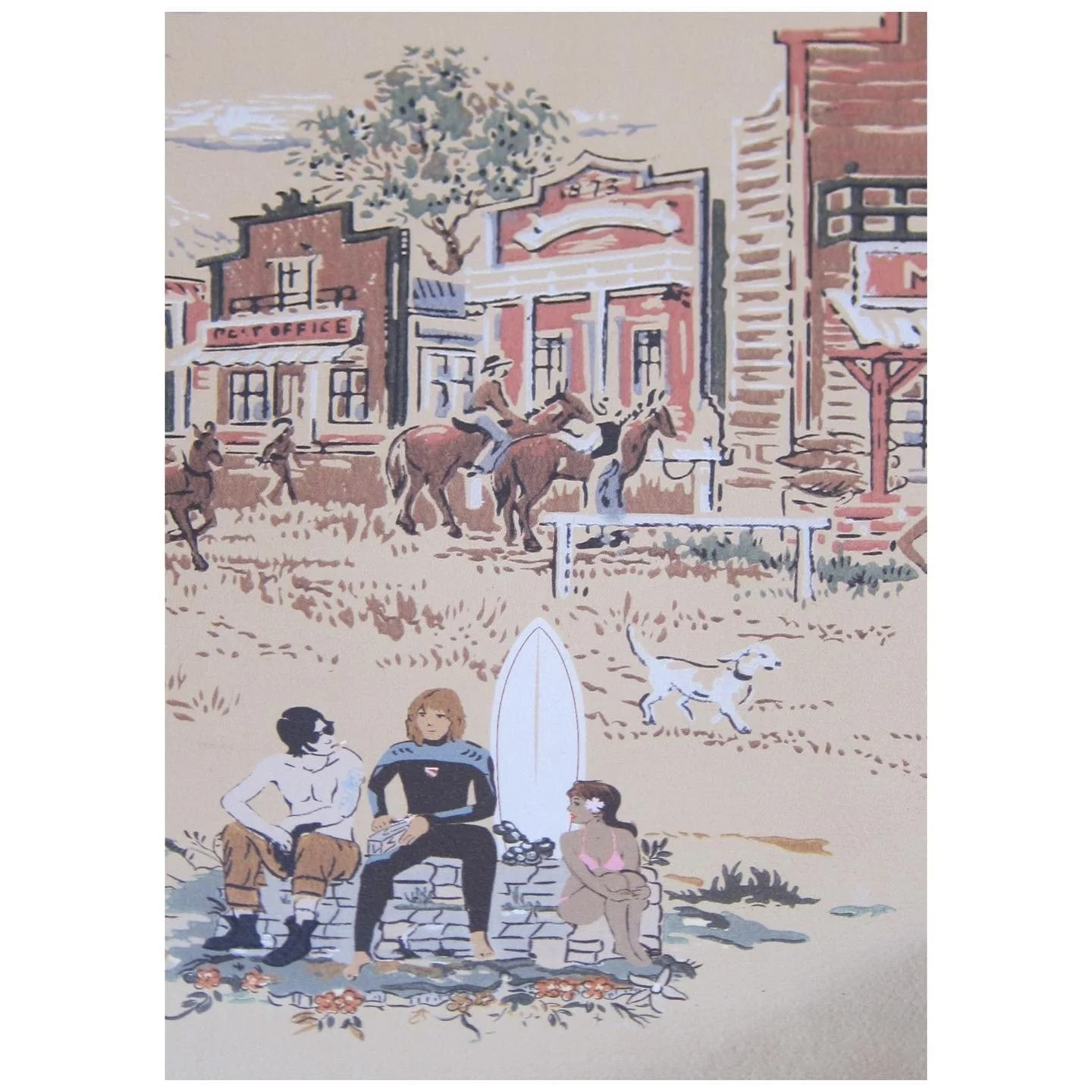 Wallpaper scene showing buildings horses and people in muted red blue and cream
