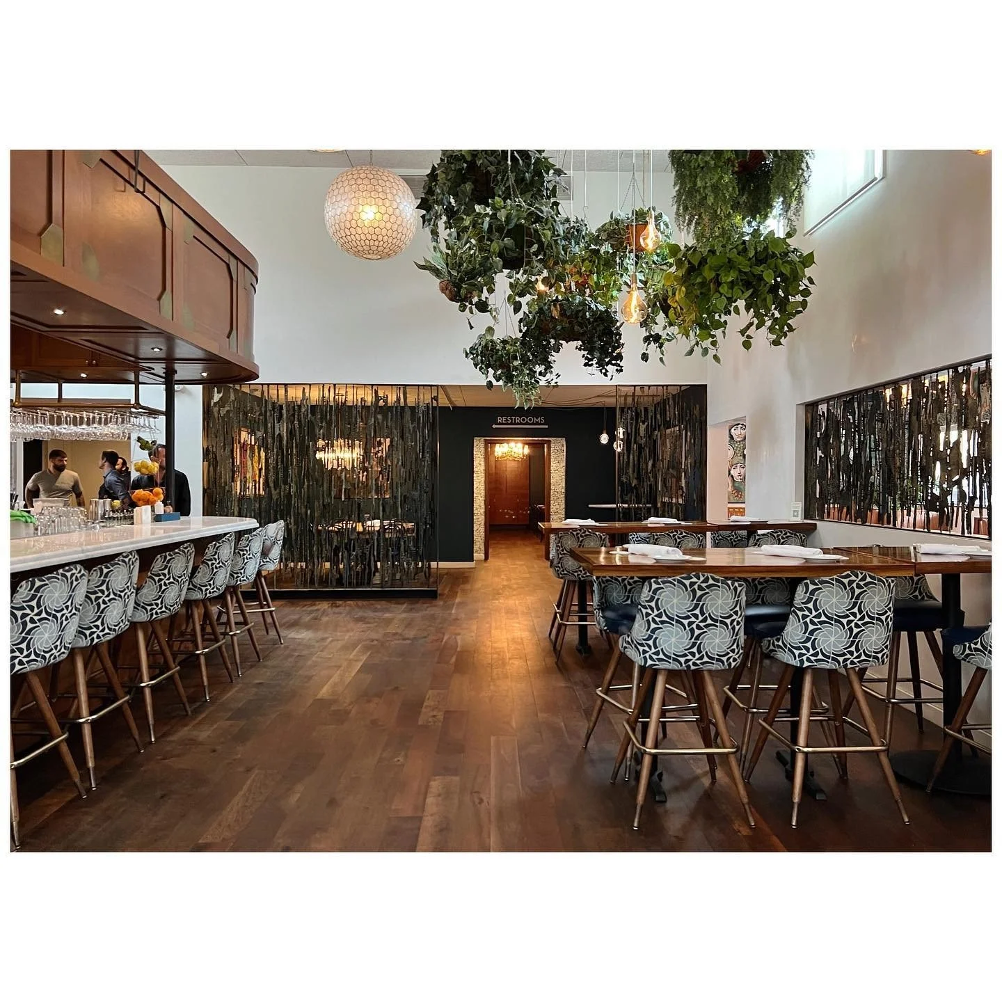 Restaurant bar with patterned stools, hanging plants and a long timber communal table