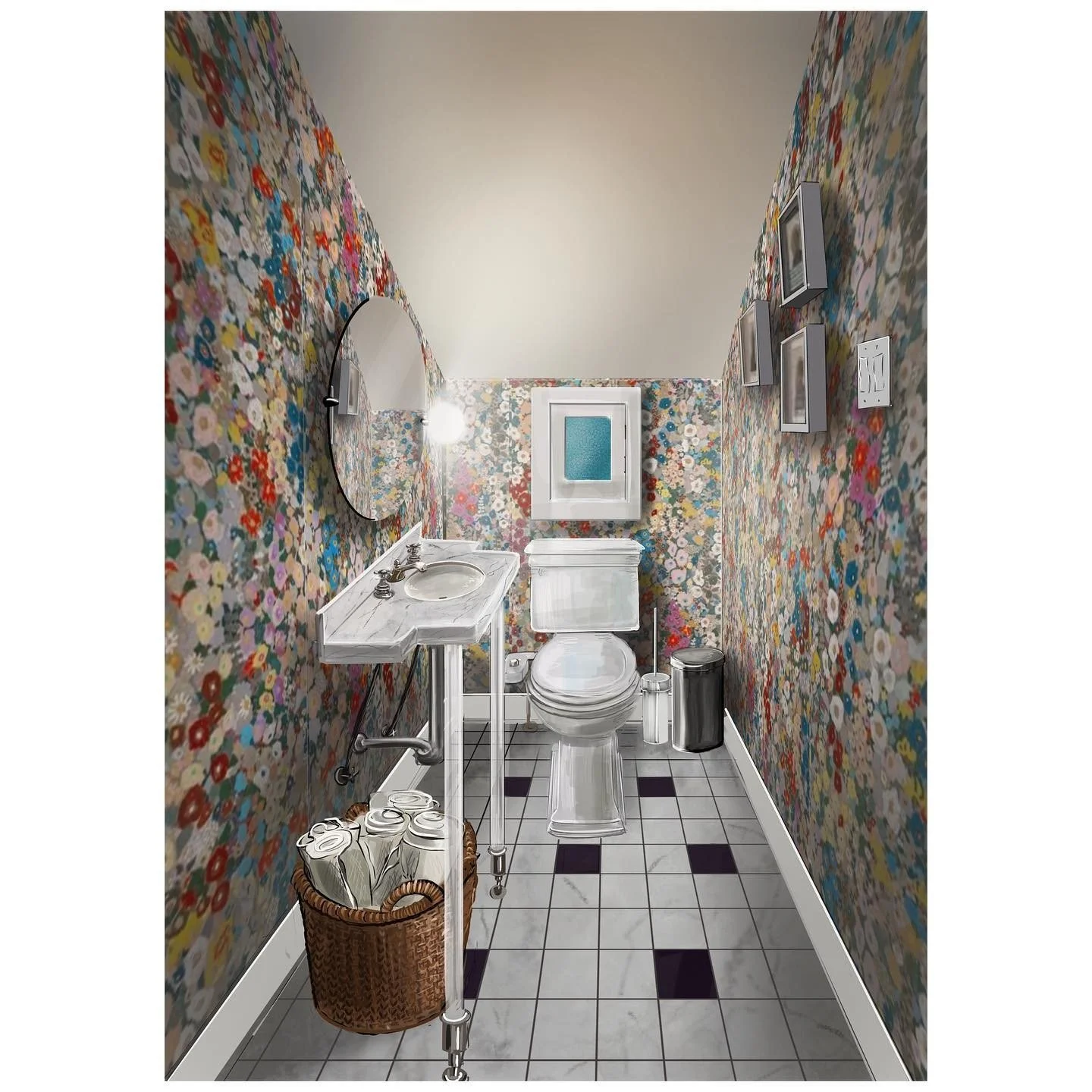 Compact bathroom with floral wallpaper, white sink and toilet, and a black-and-white tiled floor