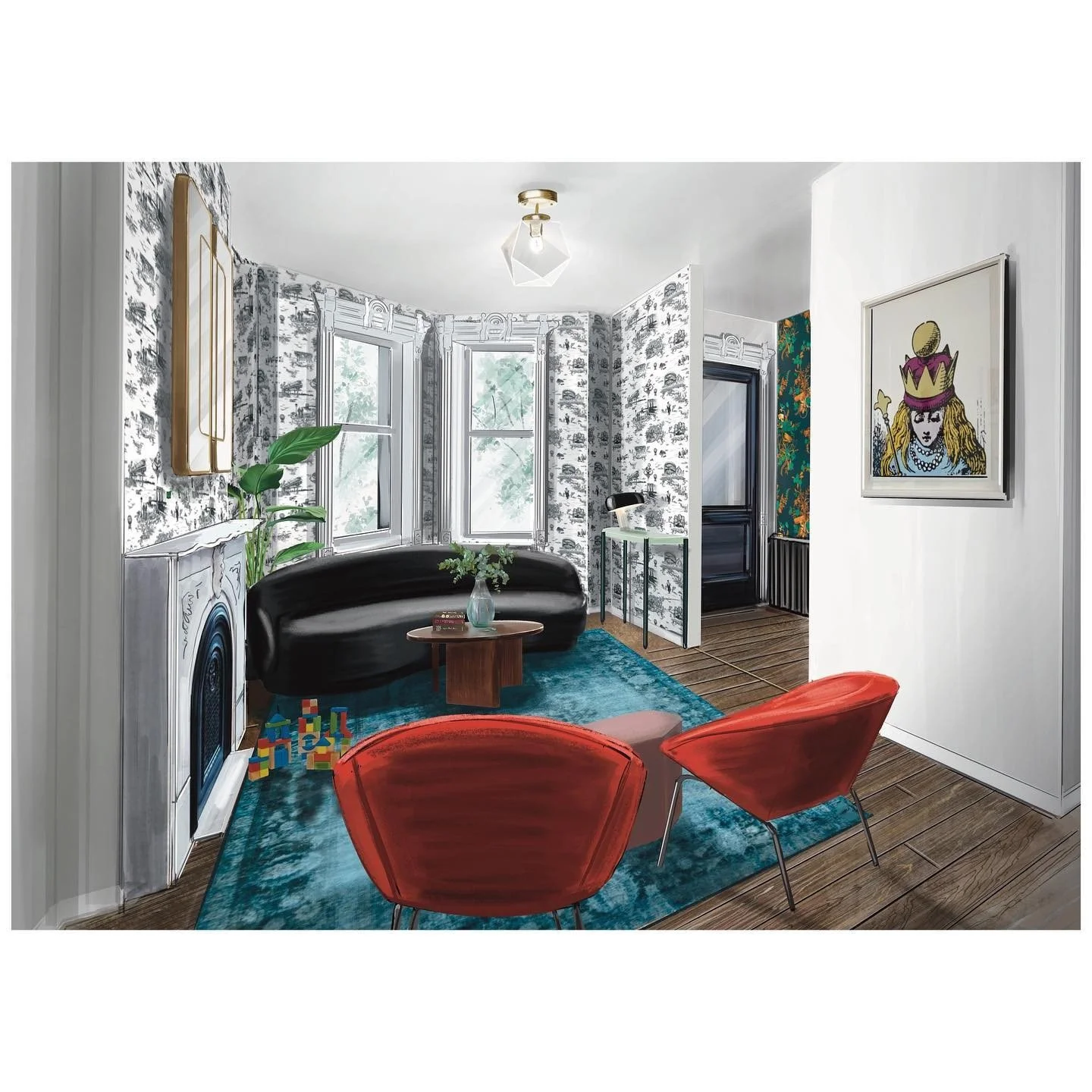 Finished parlor with illustrated wallpaper, a curved teal sofa, red lounge chairs and a colorful rug