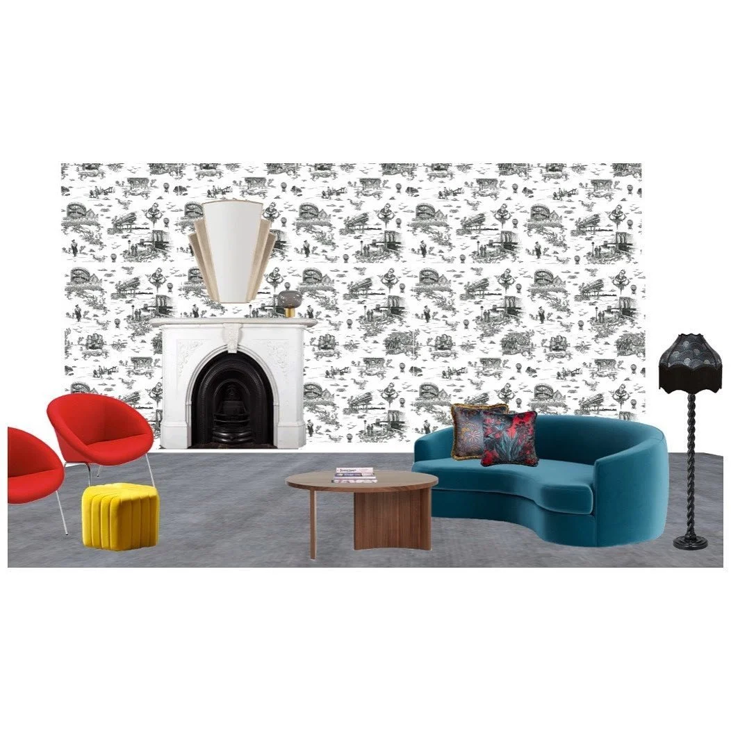 Furniture design board with a curved teal sofa, red chairs, a yellow stool and black-and-white wallpaper
