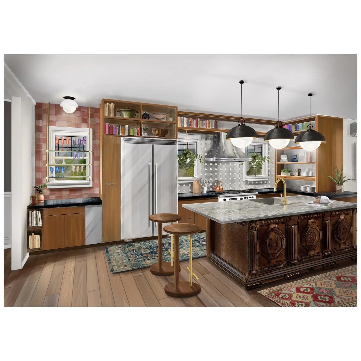 Kitchen with a carved timber island, open shelves, hanging pendants and a mix of warm wood tones