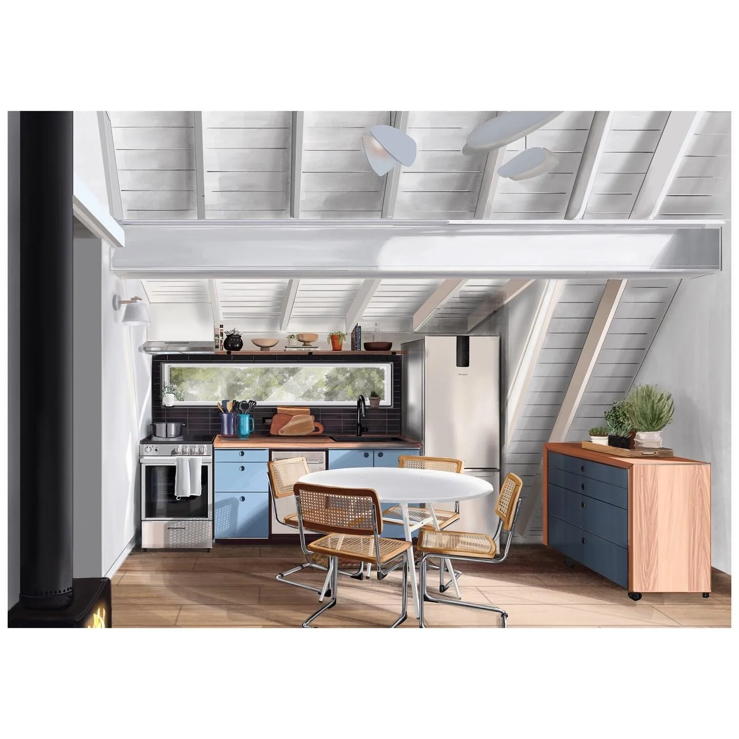 Interior design illustration of an A-frame kitchen with blue cabinets, timber dining furniture and white roof beams