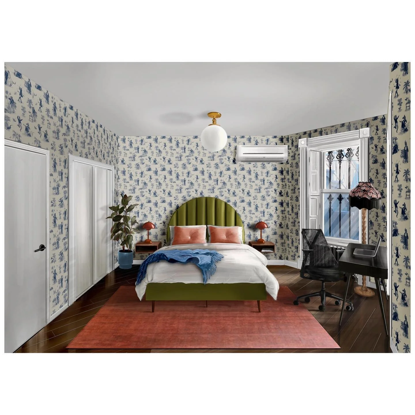 Guest bedroom design concept with a tall green upholstered headboard, pink bedding and blue illustrated wallpaper