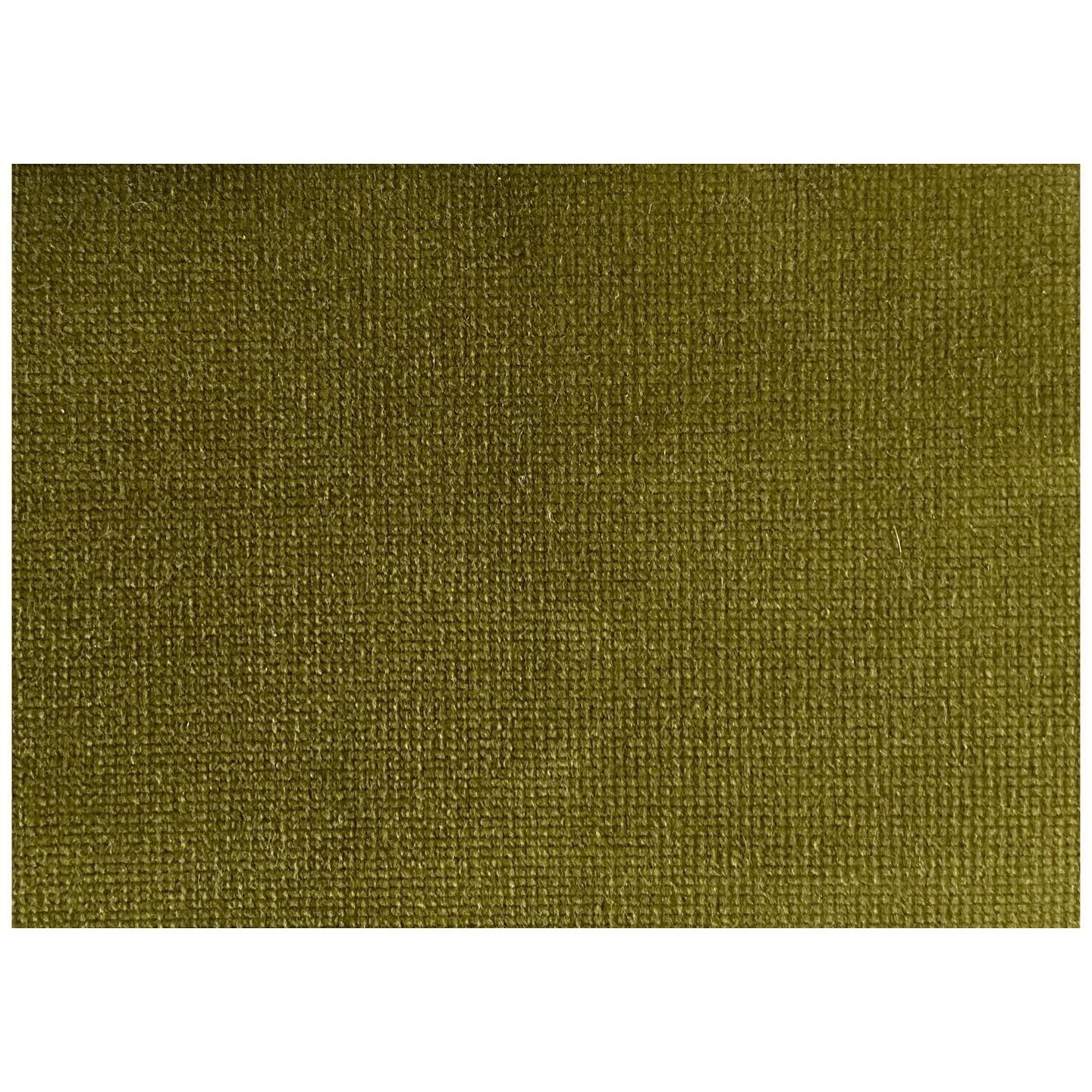 Close view of a textured olive-green upholstery fabric sample