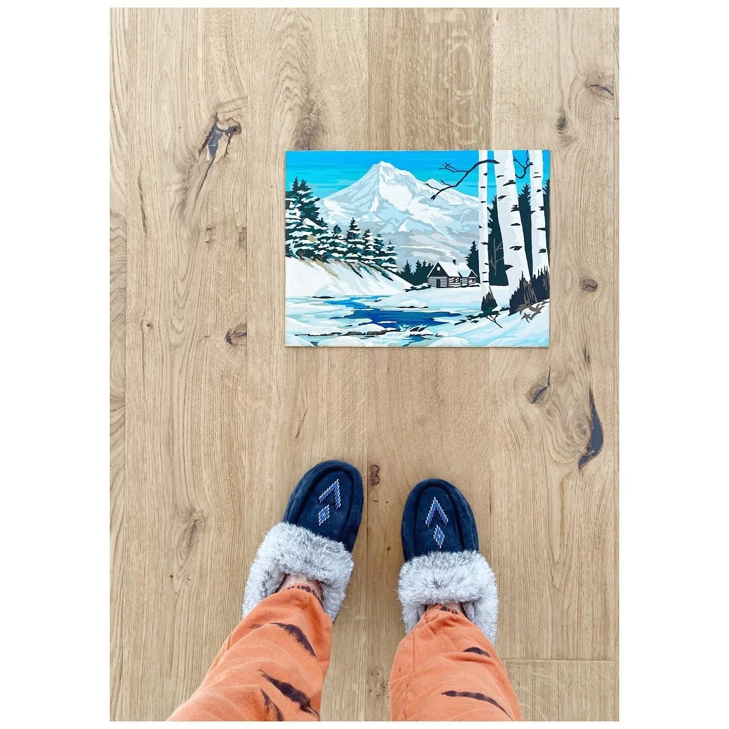 Vintage paint-by-numbers mountain landscape on a timber floor before framing