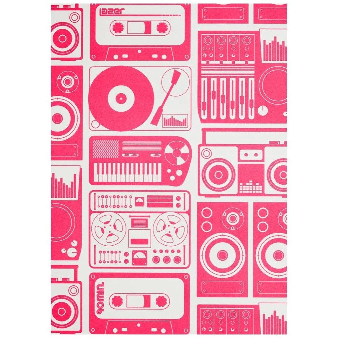 Pink-and-cream version of the music-inspired wallpaper pattern