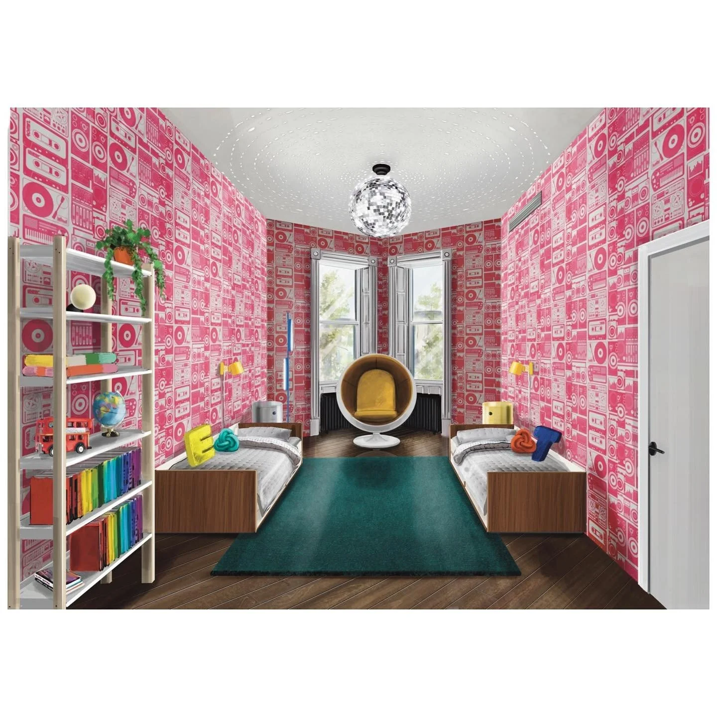 Bedroom design concept with pink music-inspired wallpaper, two low beds and colorful storage