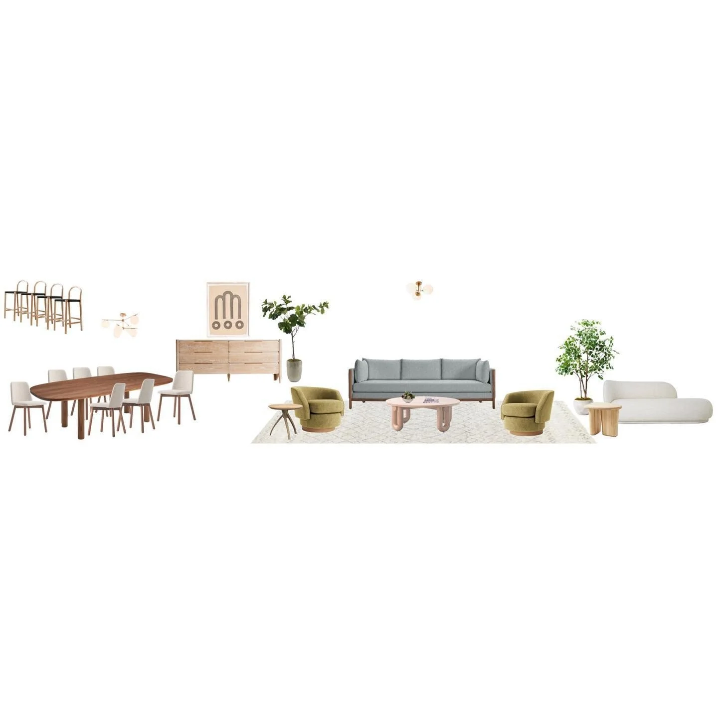 Furniture concept board with a dining table, curved sofa, low lounge chairs and sculptural lighting