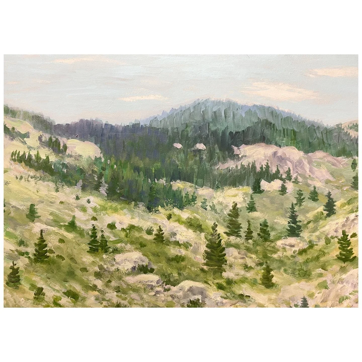 Vintage landscape painting showing wooded hills and a pale blue sky