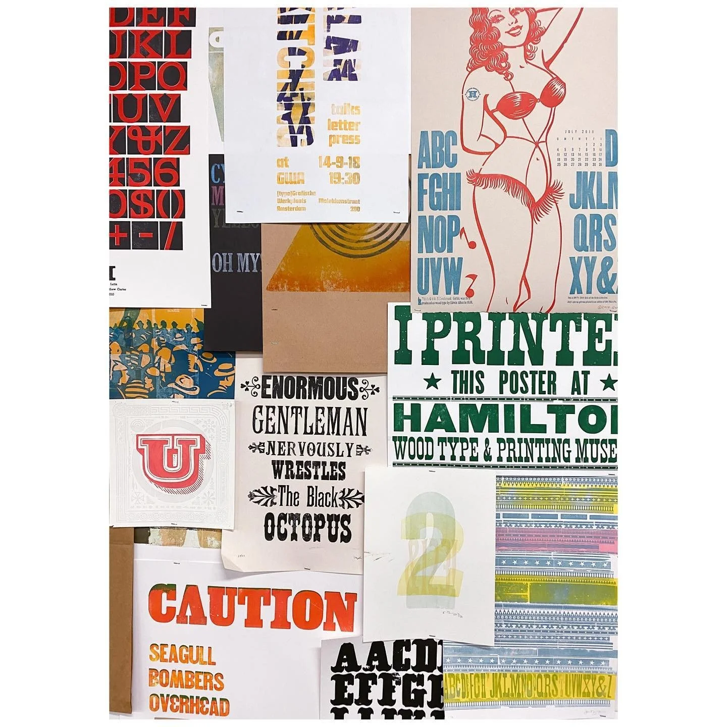 Colorful letterpress posters and type specimens displayed together on a wall