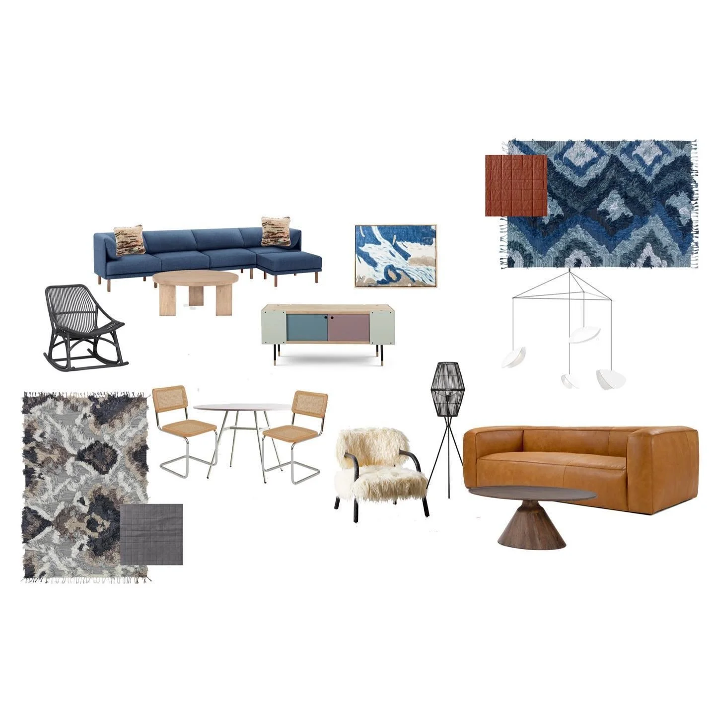 Cabin furnishing concept board with blue and caramel seating, patterned rugs and sculptural lighting