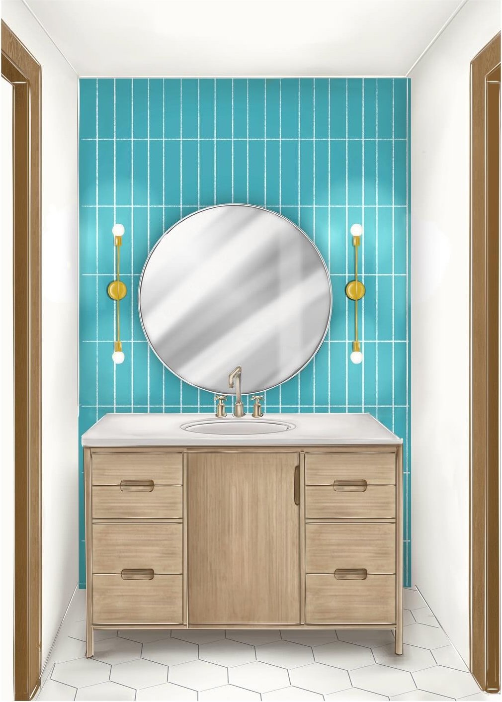 Round mirror and colorful sconces above a wood vanity against turquoise tile