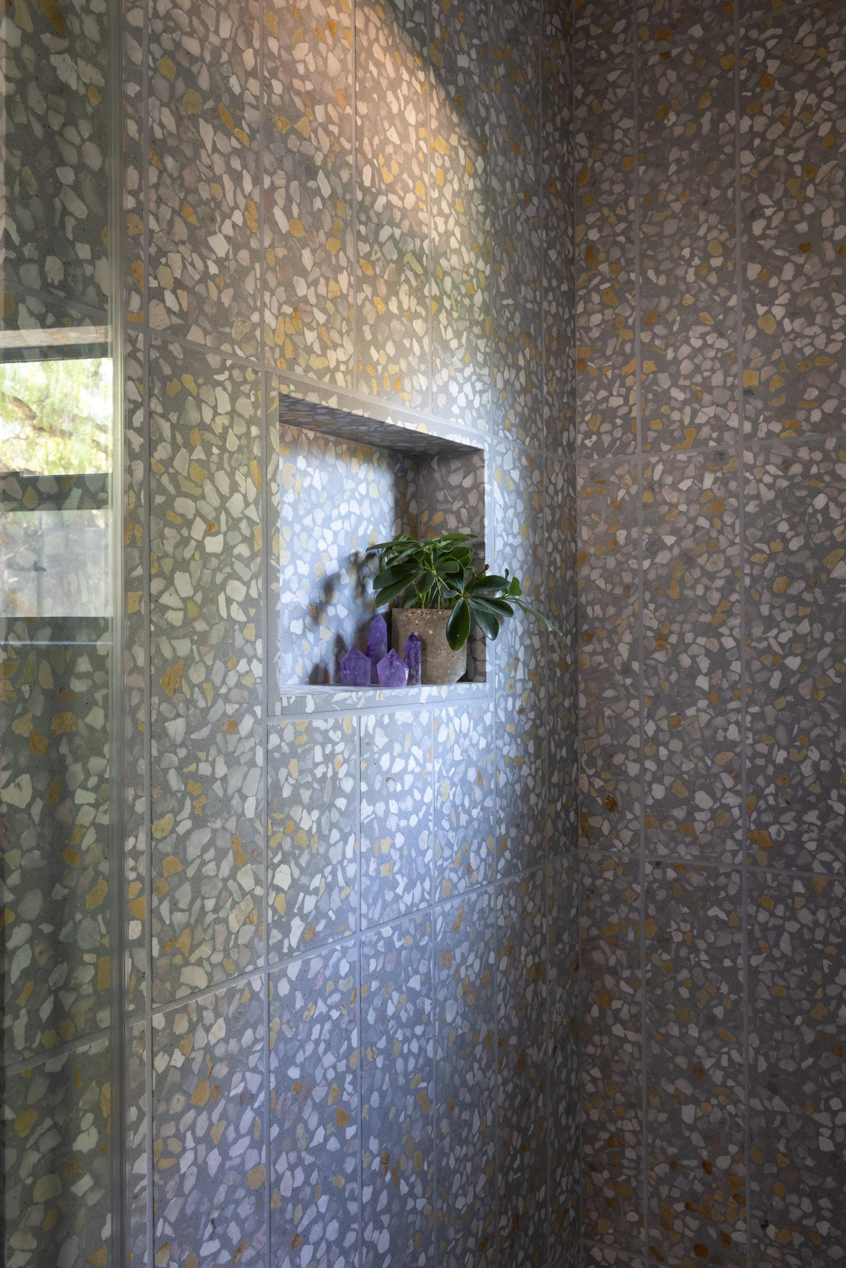 Shower lined in small multicolored mosaic tile with a recessed niche and a leafy plant.