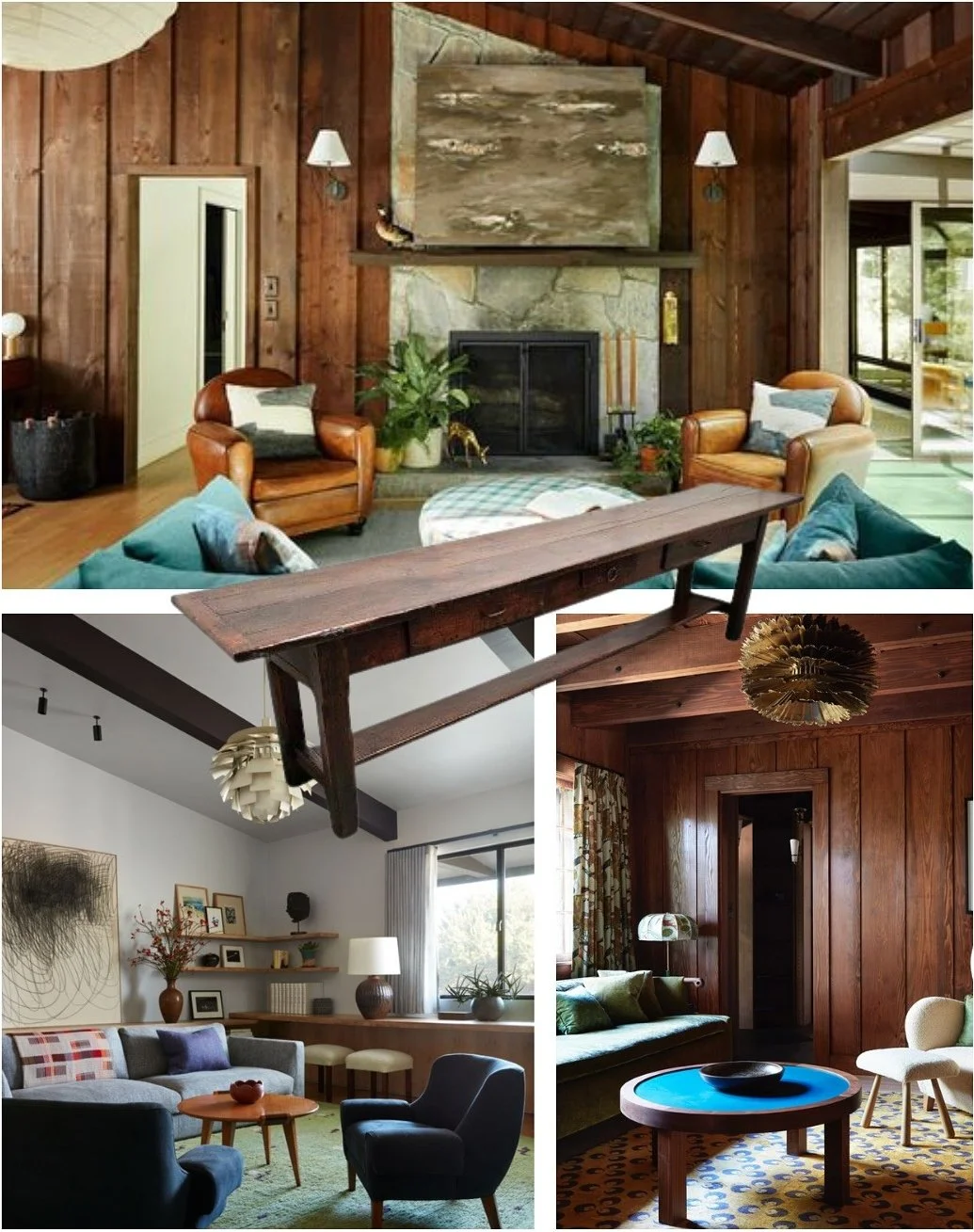 Collage of layered interiors with vintage furniture and wood beams