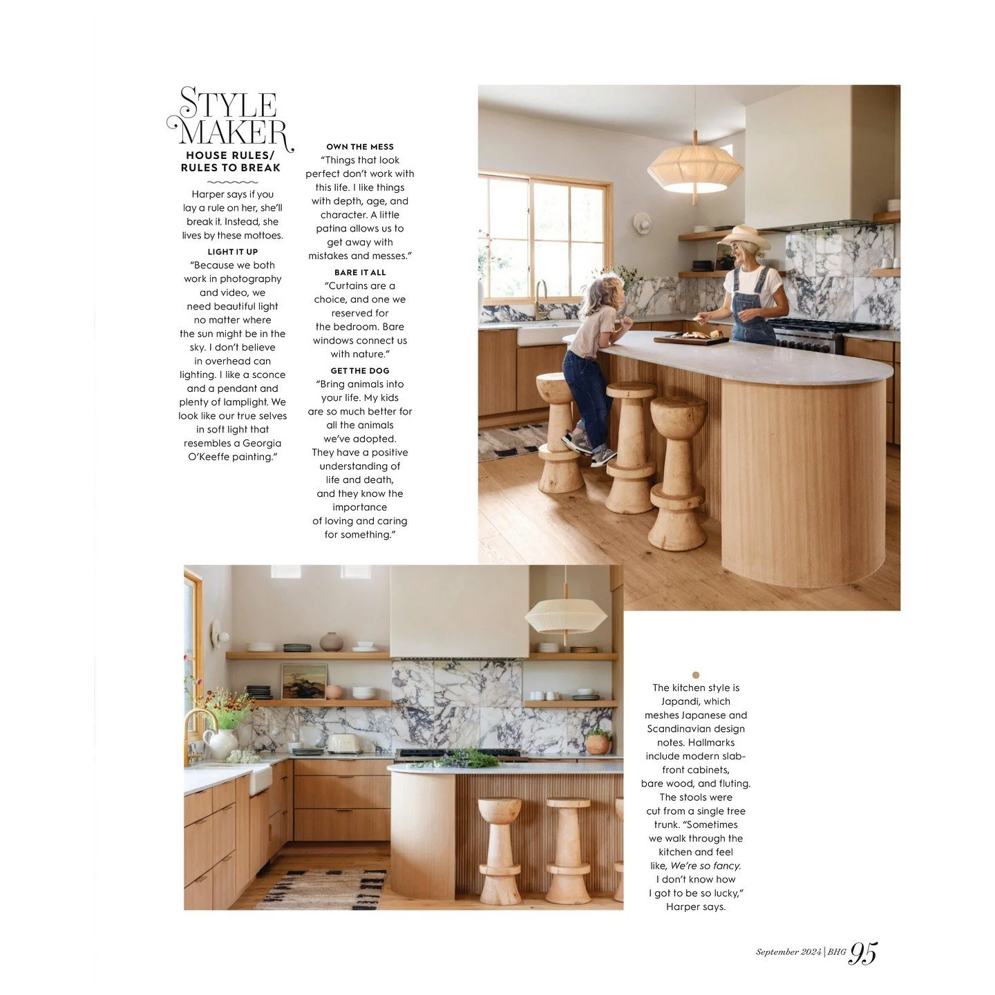 Magazine layout showing a curved oak kitchen island and sculptural stools