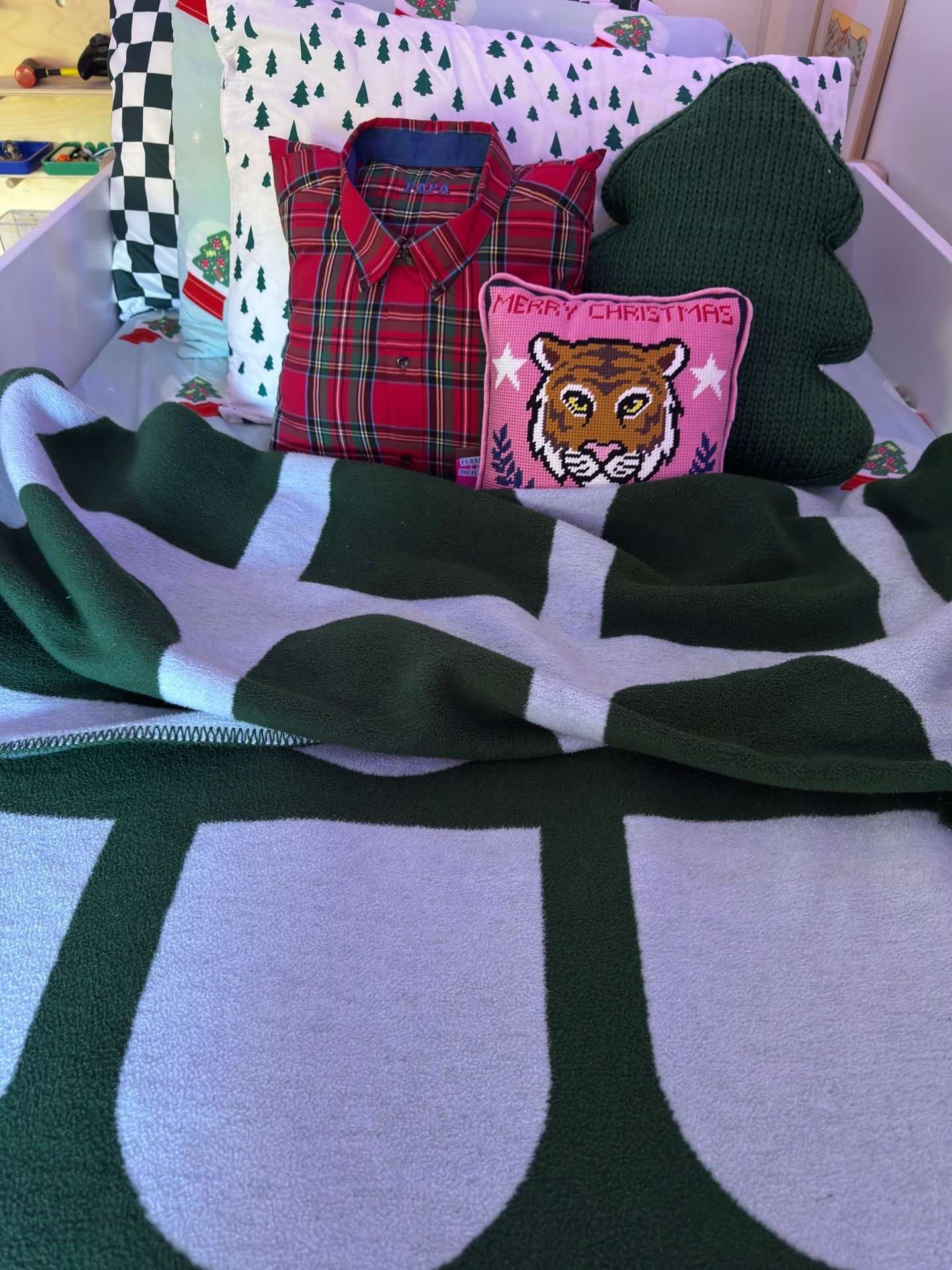Green and white graphic bedding with embroidered cushions