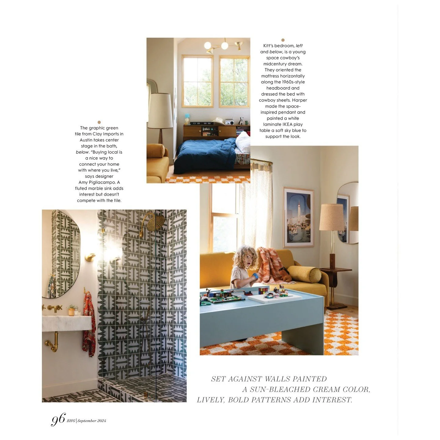 Magazine spread featuring colorful bedrooms and patterned bathroom tile