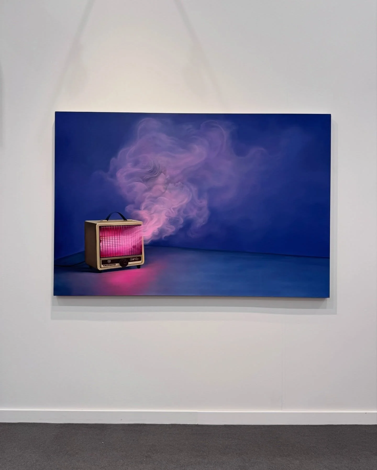 Blue and violet painting with a smoking pink chair