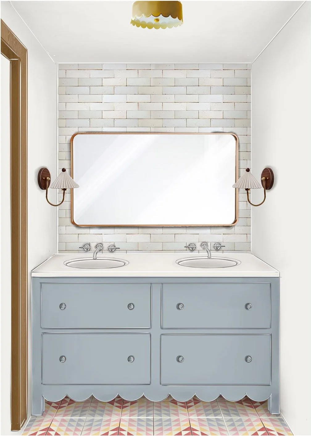 Bathroom rendering with scalloped vanity double sinks and a large rectangular mirror