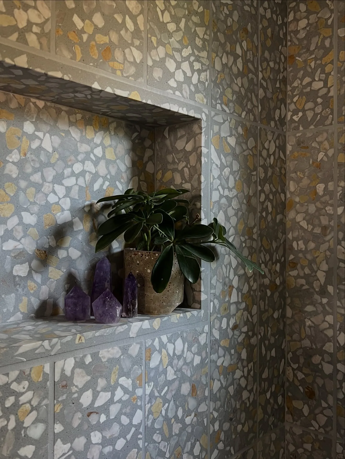 Terrazzo shower niche with plants and glass bottles