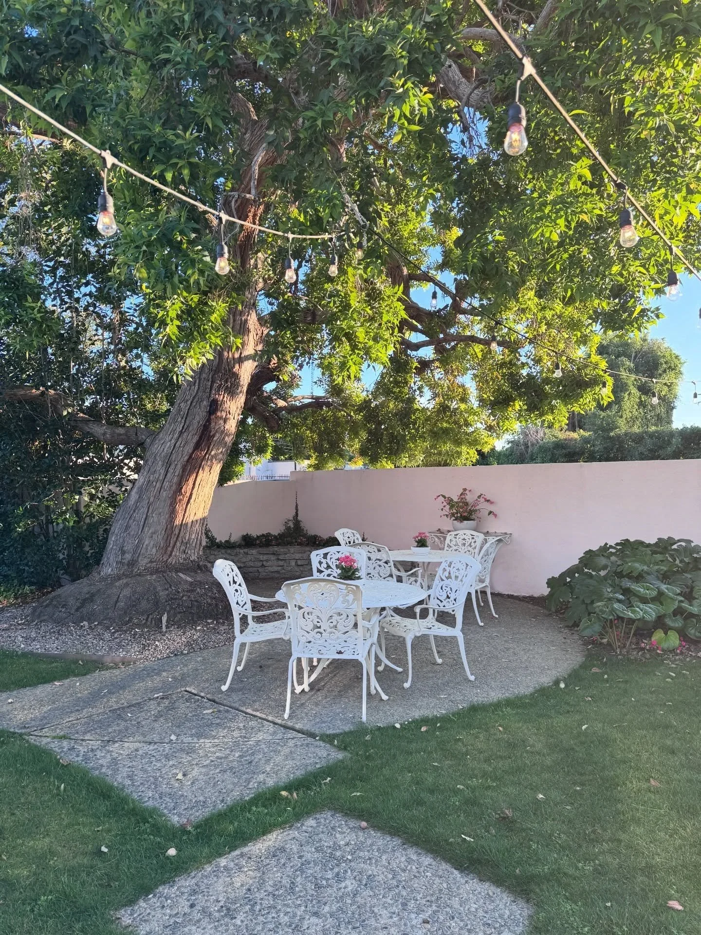 Garden terrace with white metal chairs and mature trees