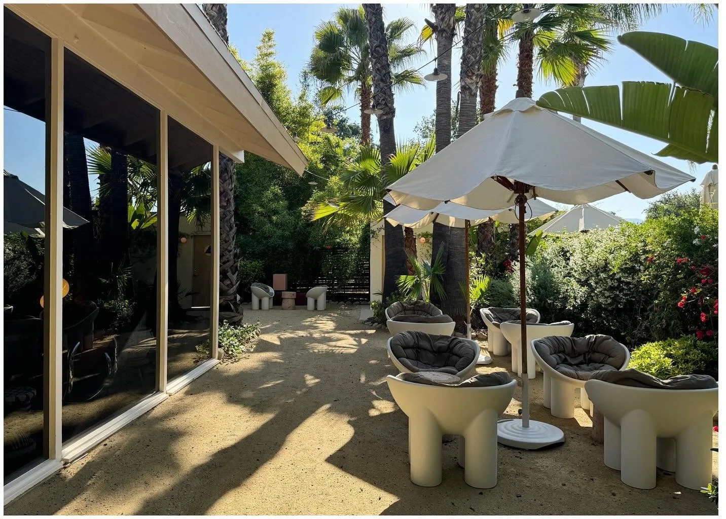 Shaded hotel courtyard with white umbrellas and sculptural pale chairs