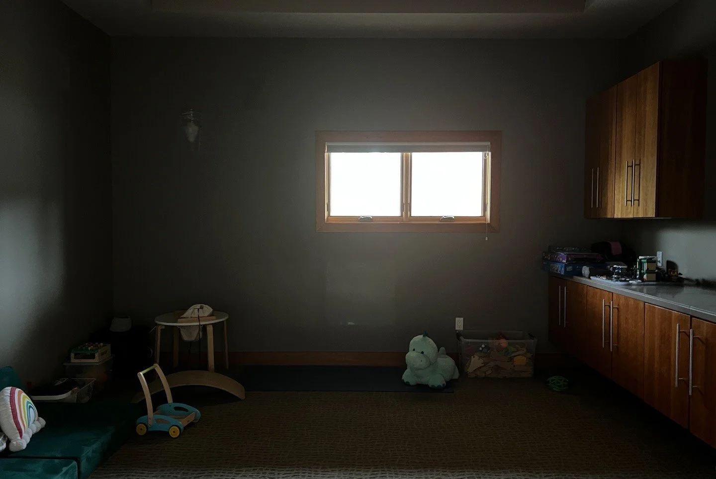 Dark media room before renovation with small high windows