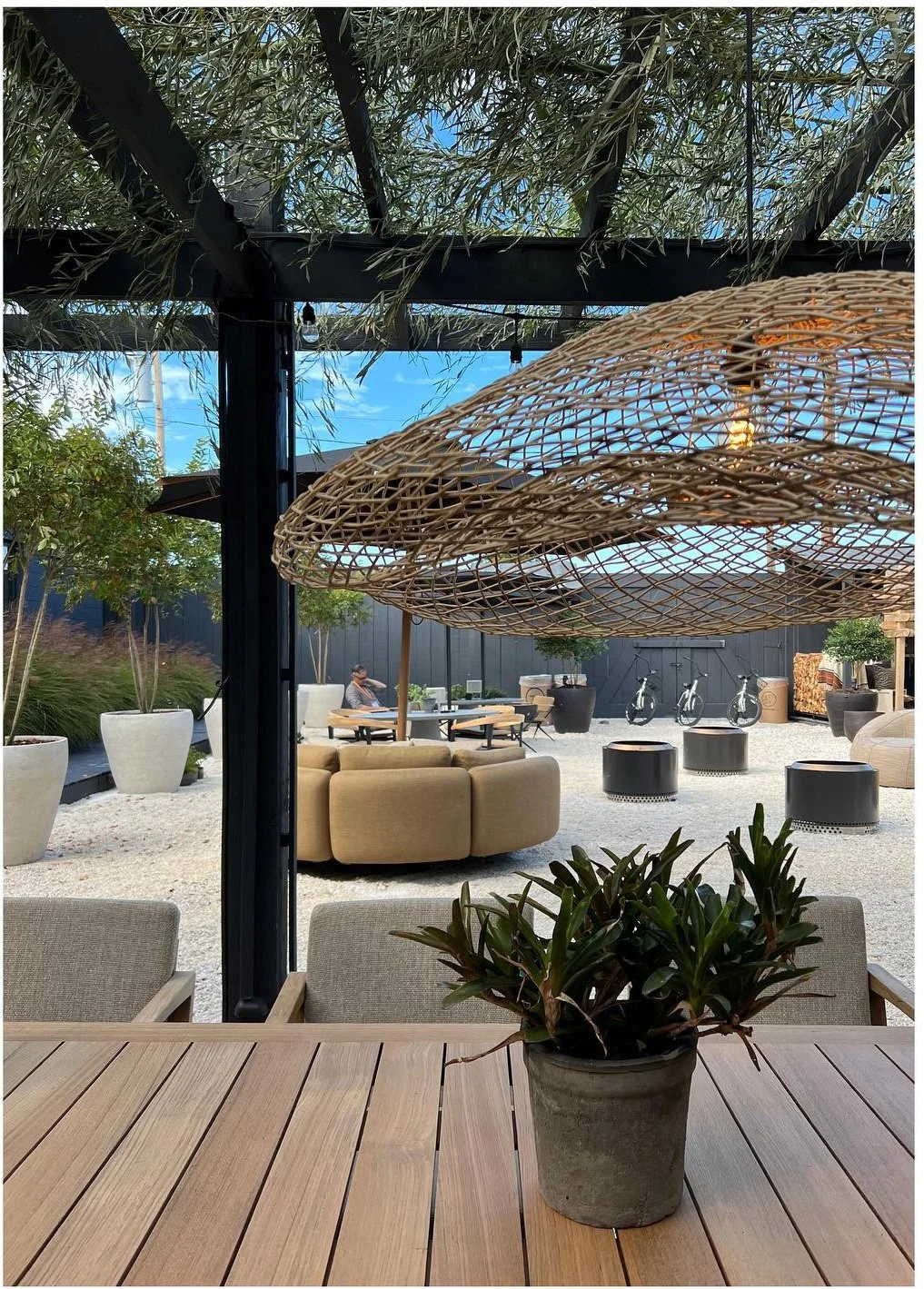Outdoor furniture beneath a woven canopy beside a mature tree
