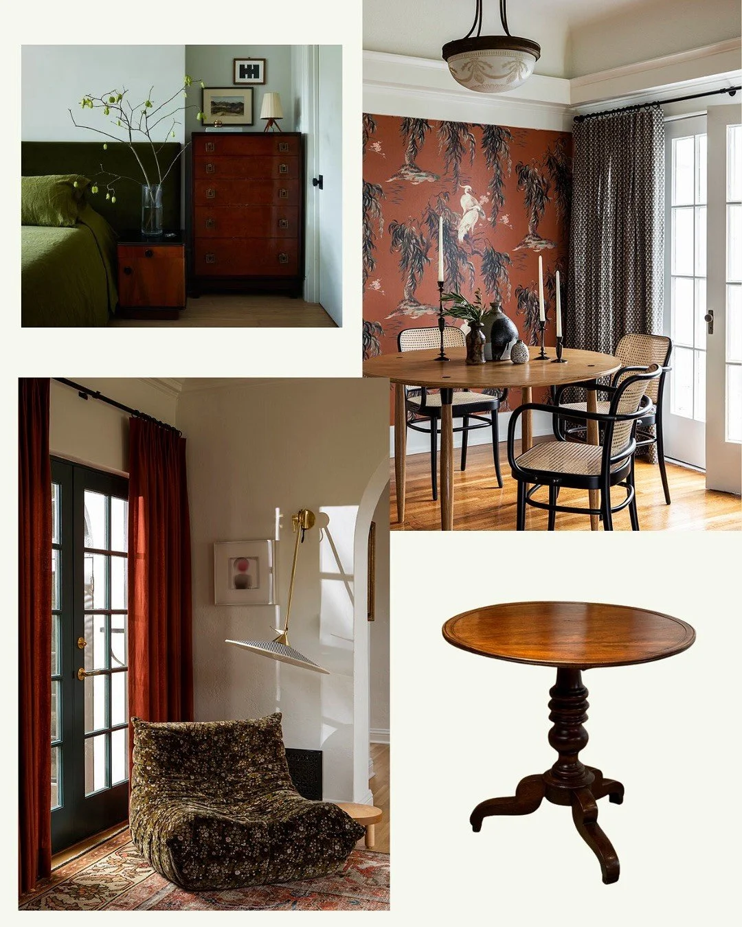 Mood board combining vintage furnishings patterned walls and warm interiors