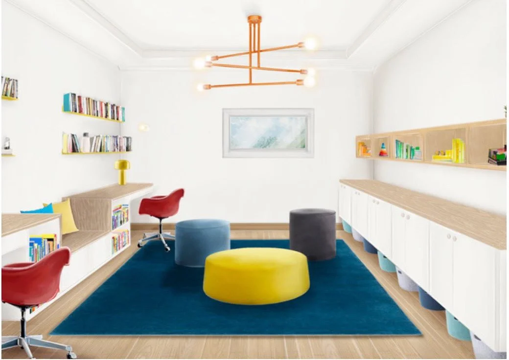 Bright playroom with custom desks white storage colorful seating and a blue rug