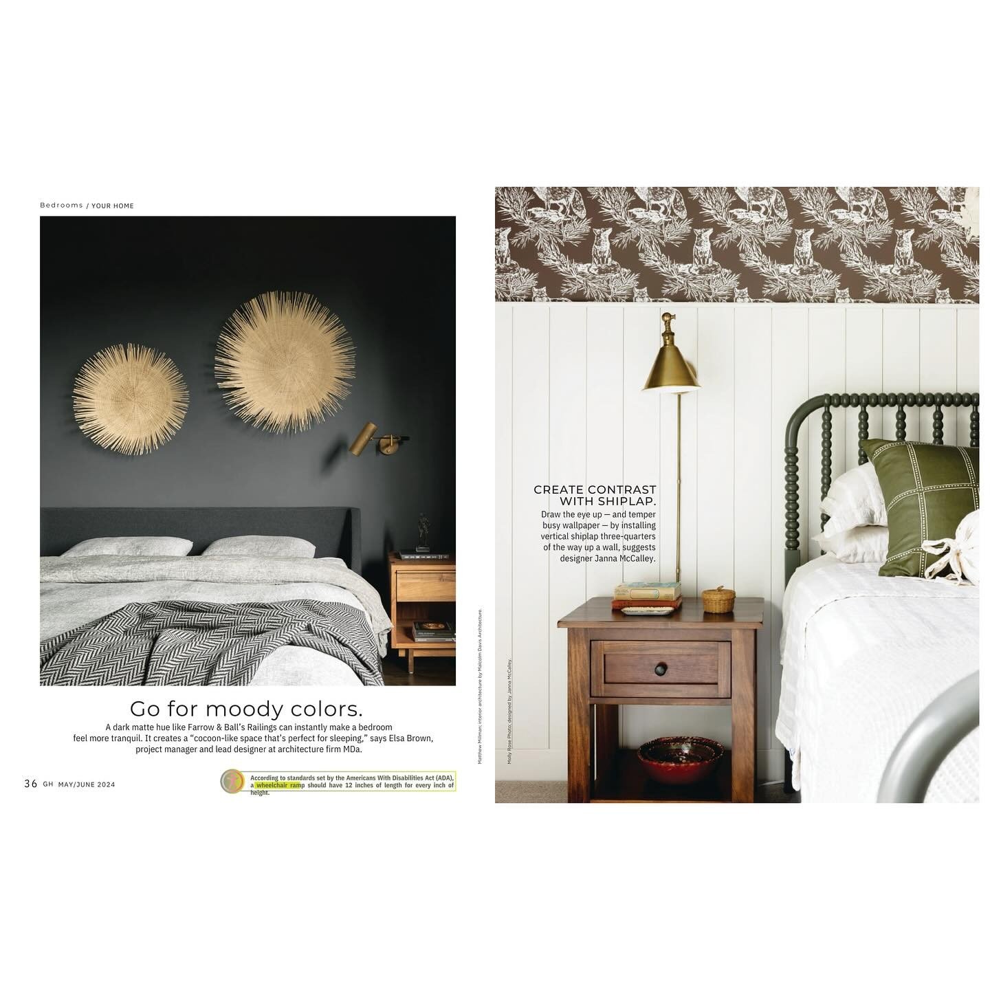 Editorial spread with a dark blue bedroom and pale layered bedding