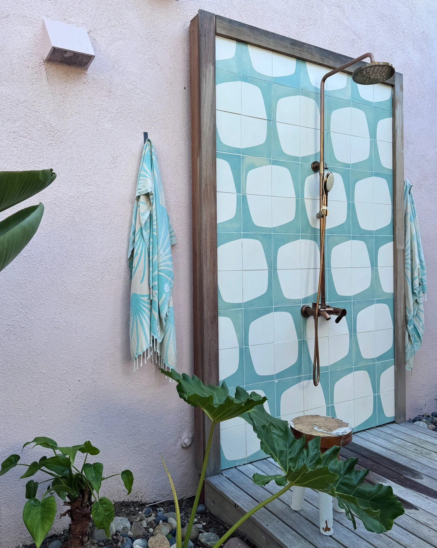 Outdoor shower with aqua patterned tile and tropical plants