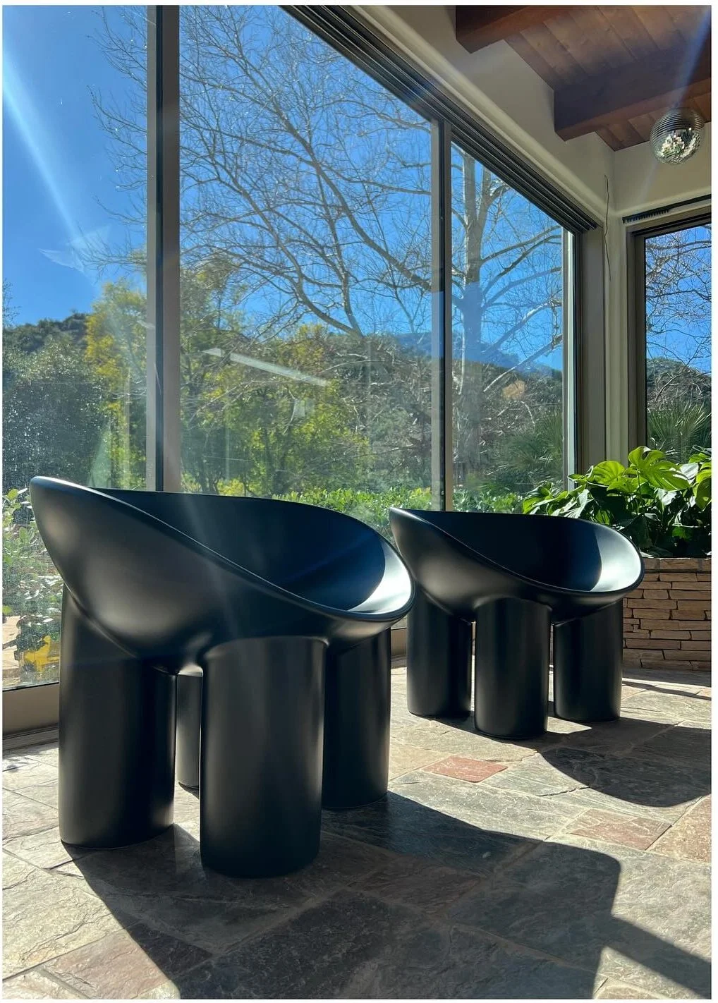 Two black sculptural chairs beside large garden windows
