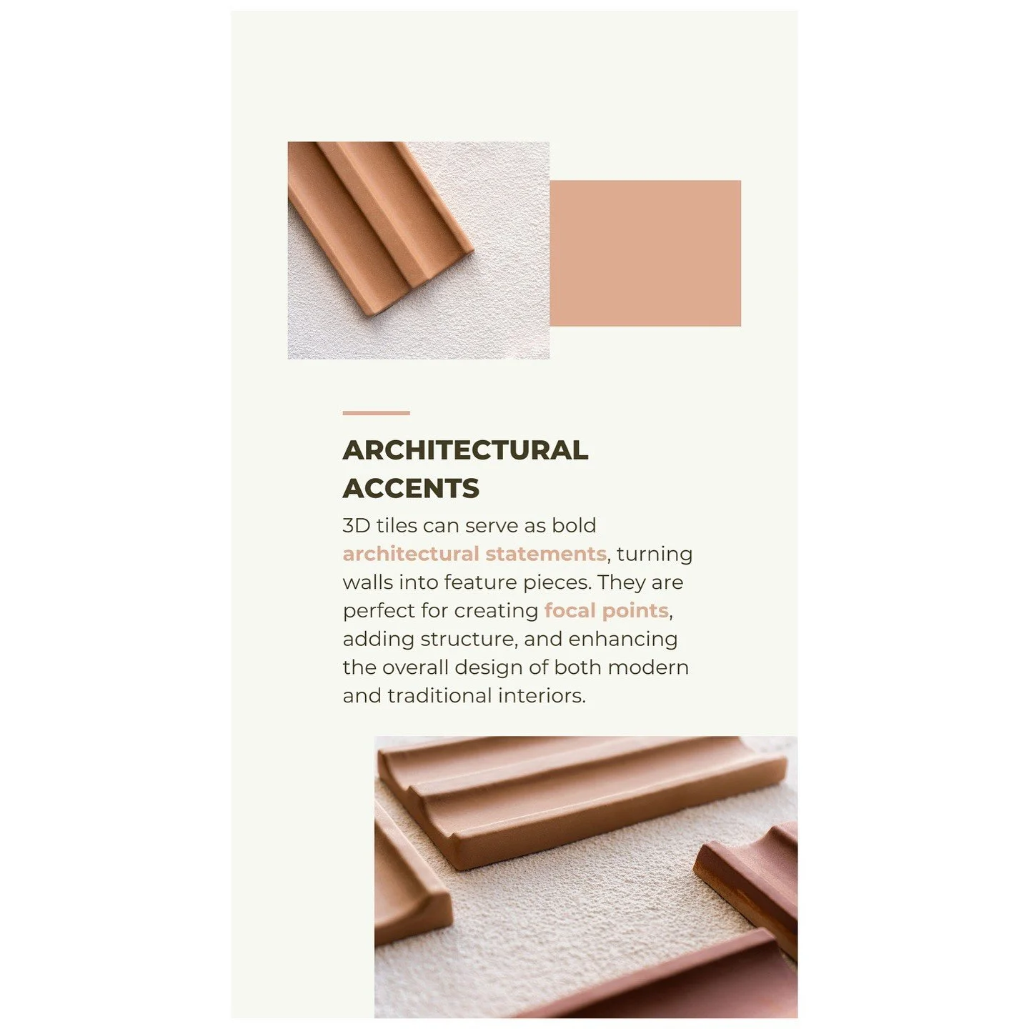Raised terracotta tile pieces shown as architectural accents