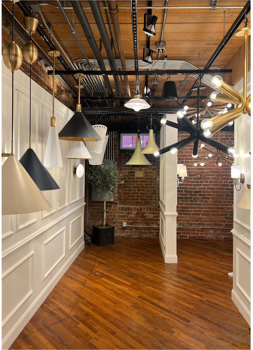 Sculptural pendants and wall lights beneath a wood showroom ceiling