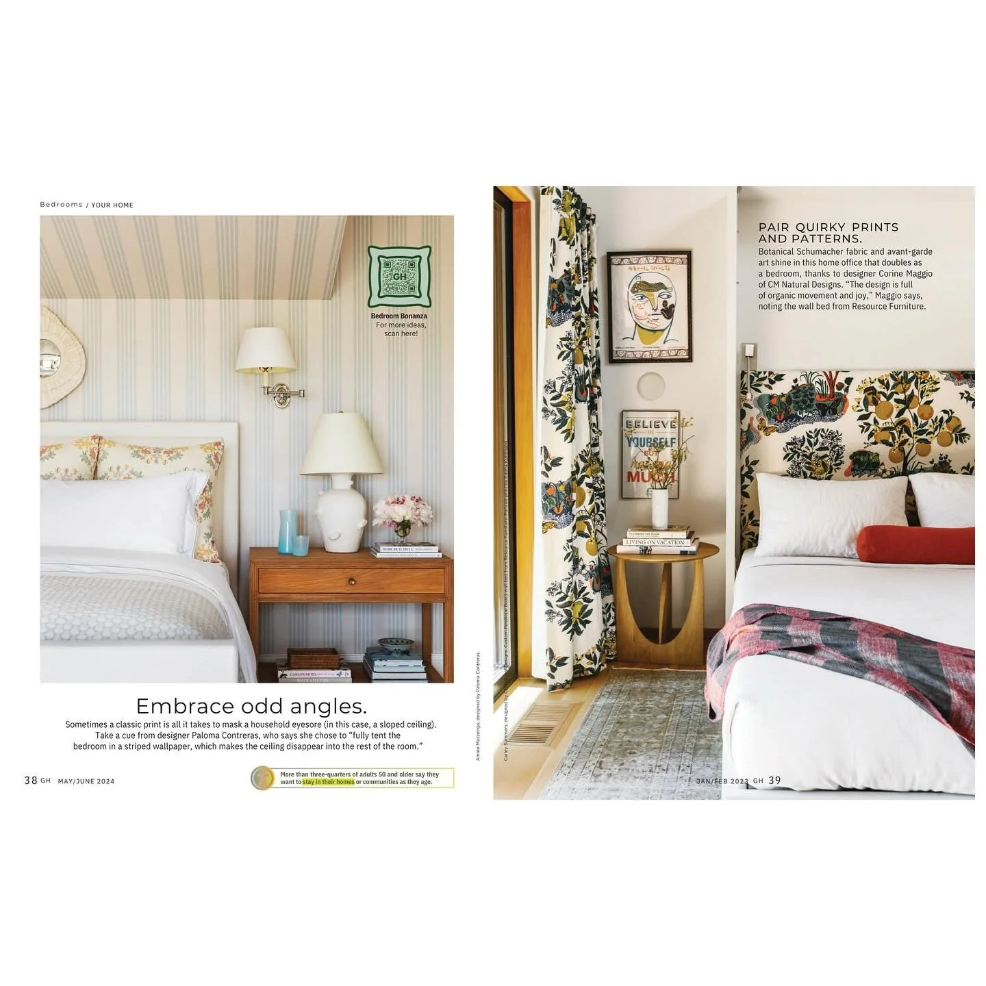 Magazine spread showing white bedding and a red patterned bedroom