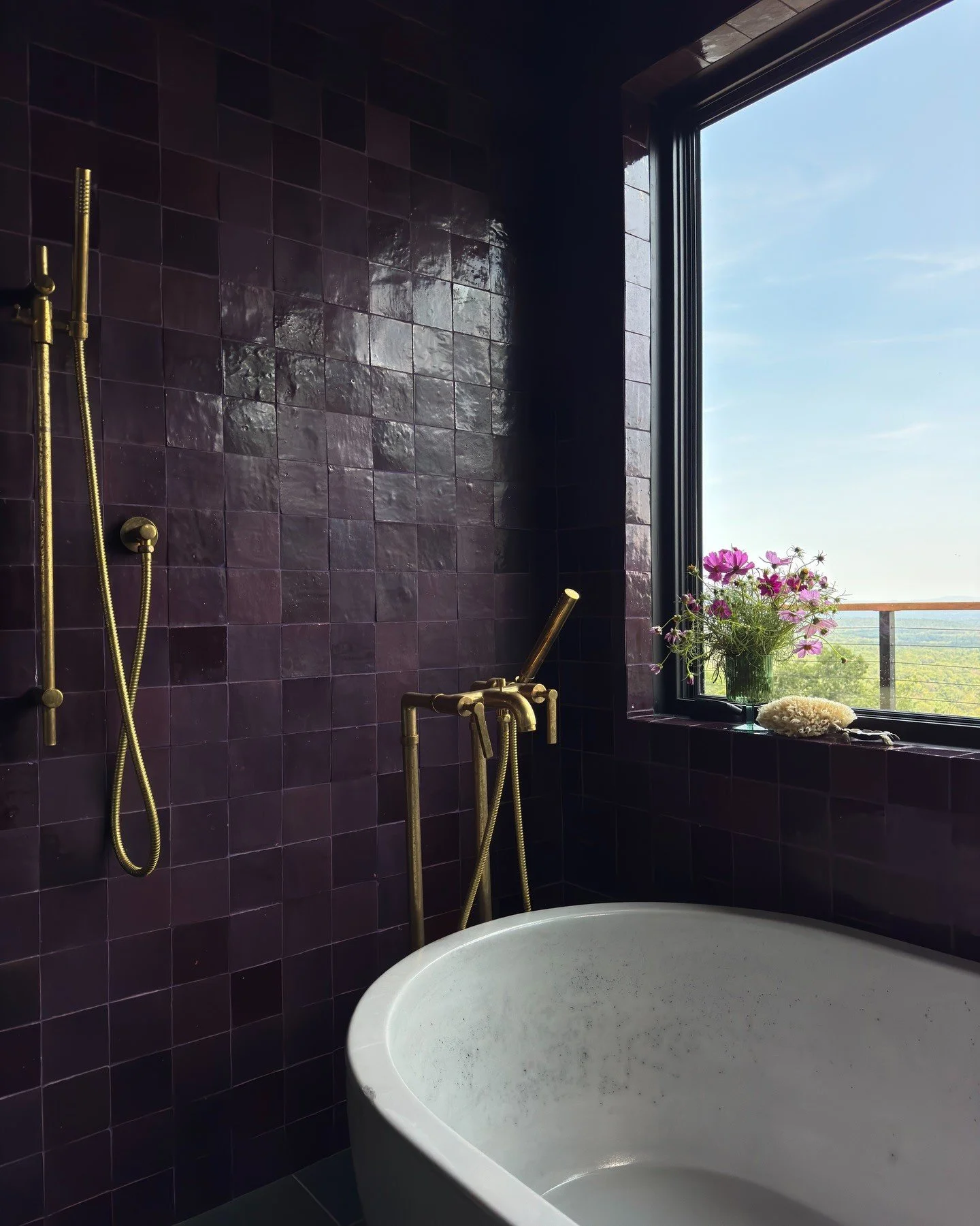 Plum tiled shower beside a freestanding tub and brass fittings