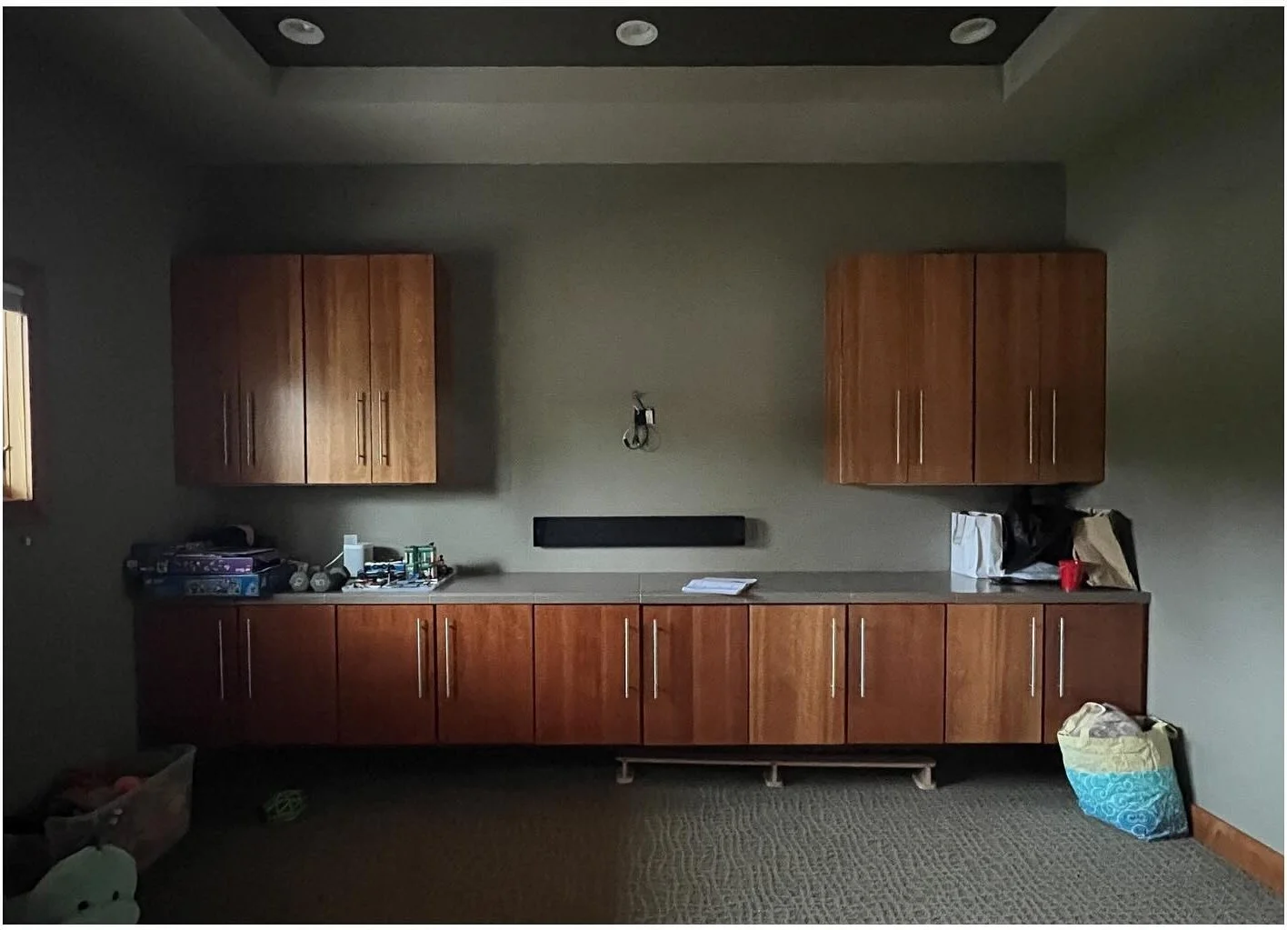 Original dark media room with wood cabinets and counter