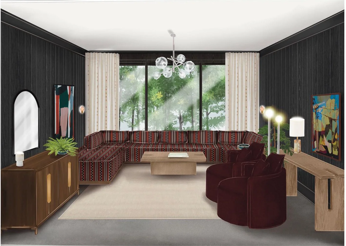 Interior rendering with long patterned sectional red lounge chairs and pale curtains