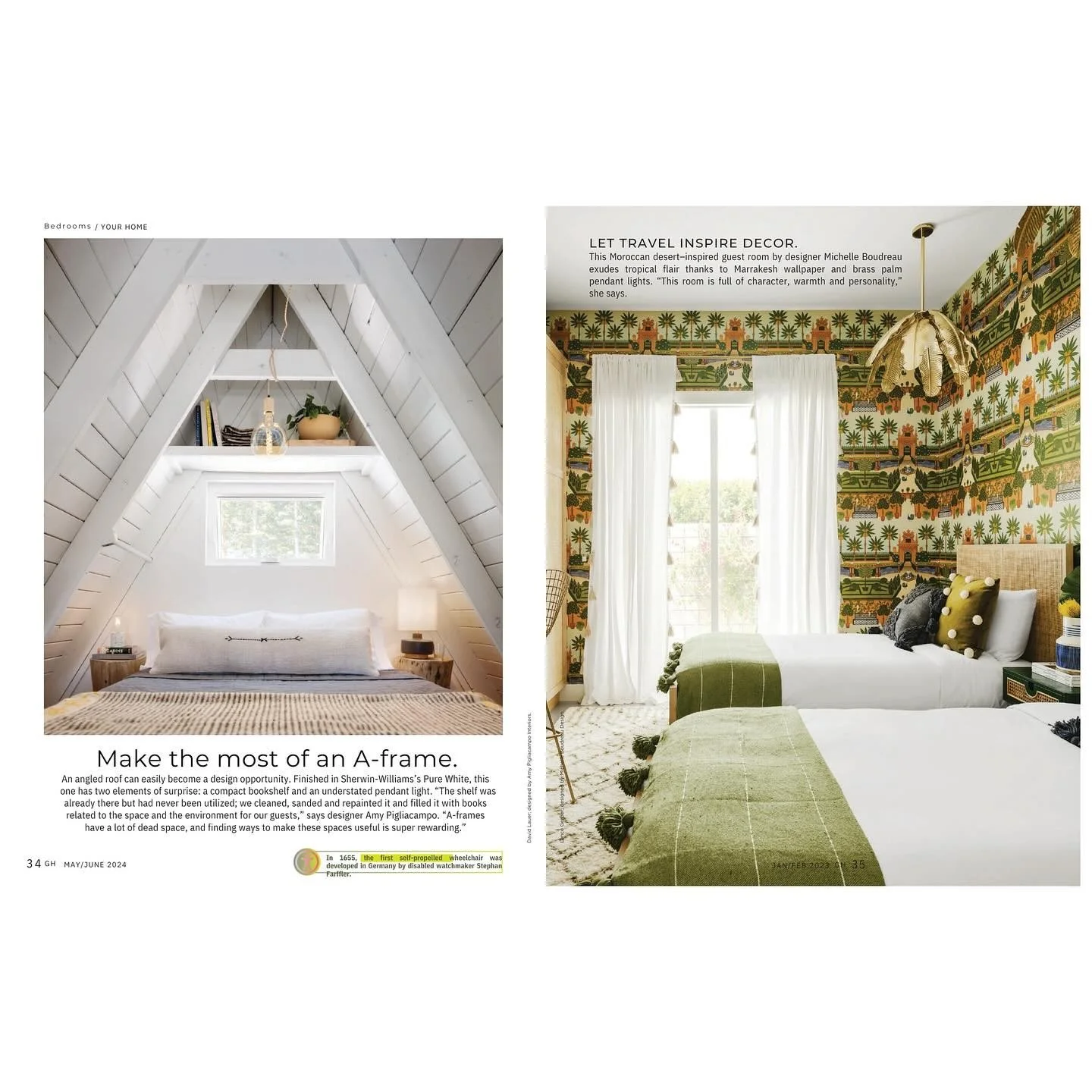 Magazine layout showing an A-frame bedroom and green patterned bedroom