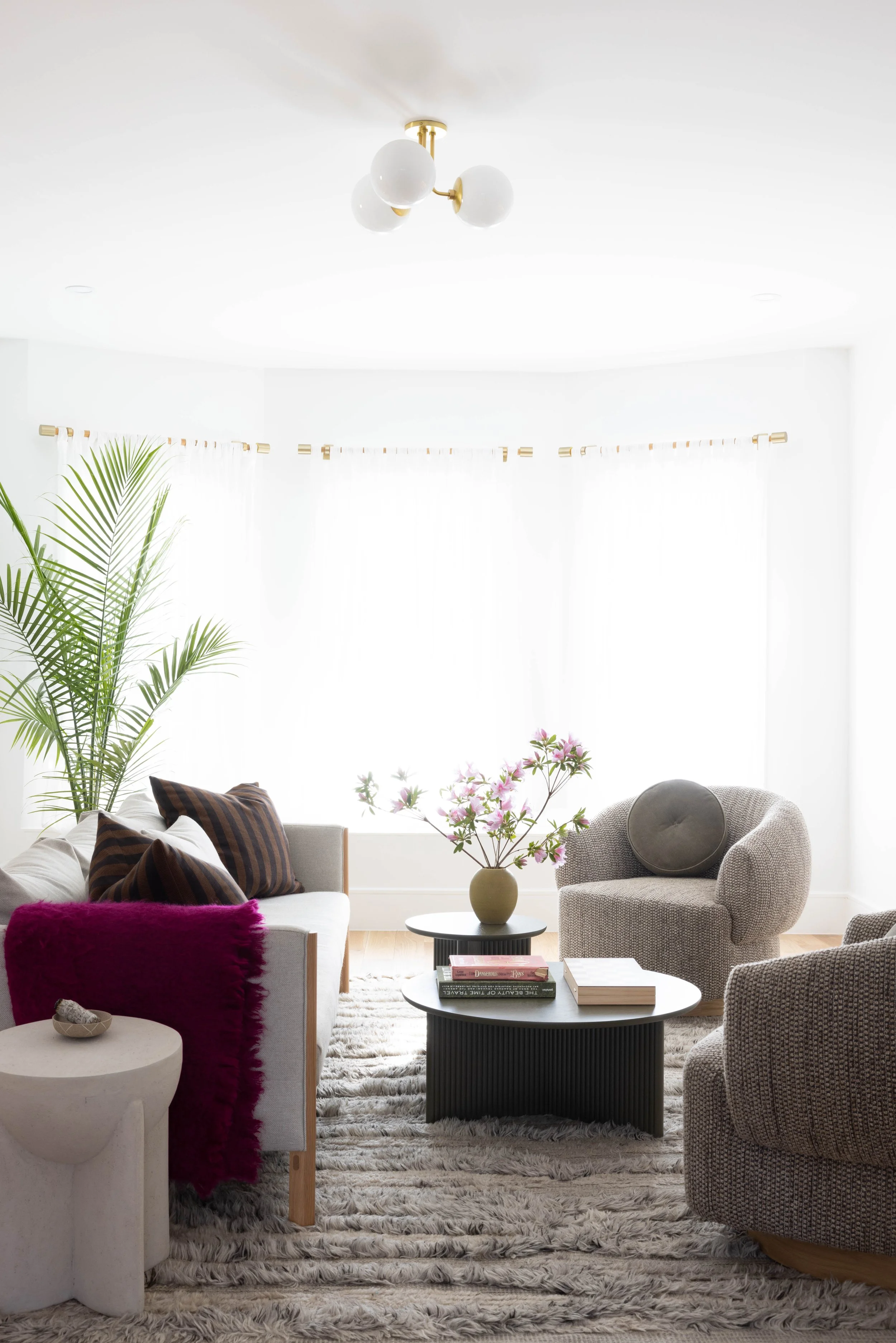 Bright living room with curved chairs, a dark coffee table, and plants.