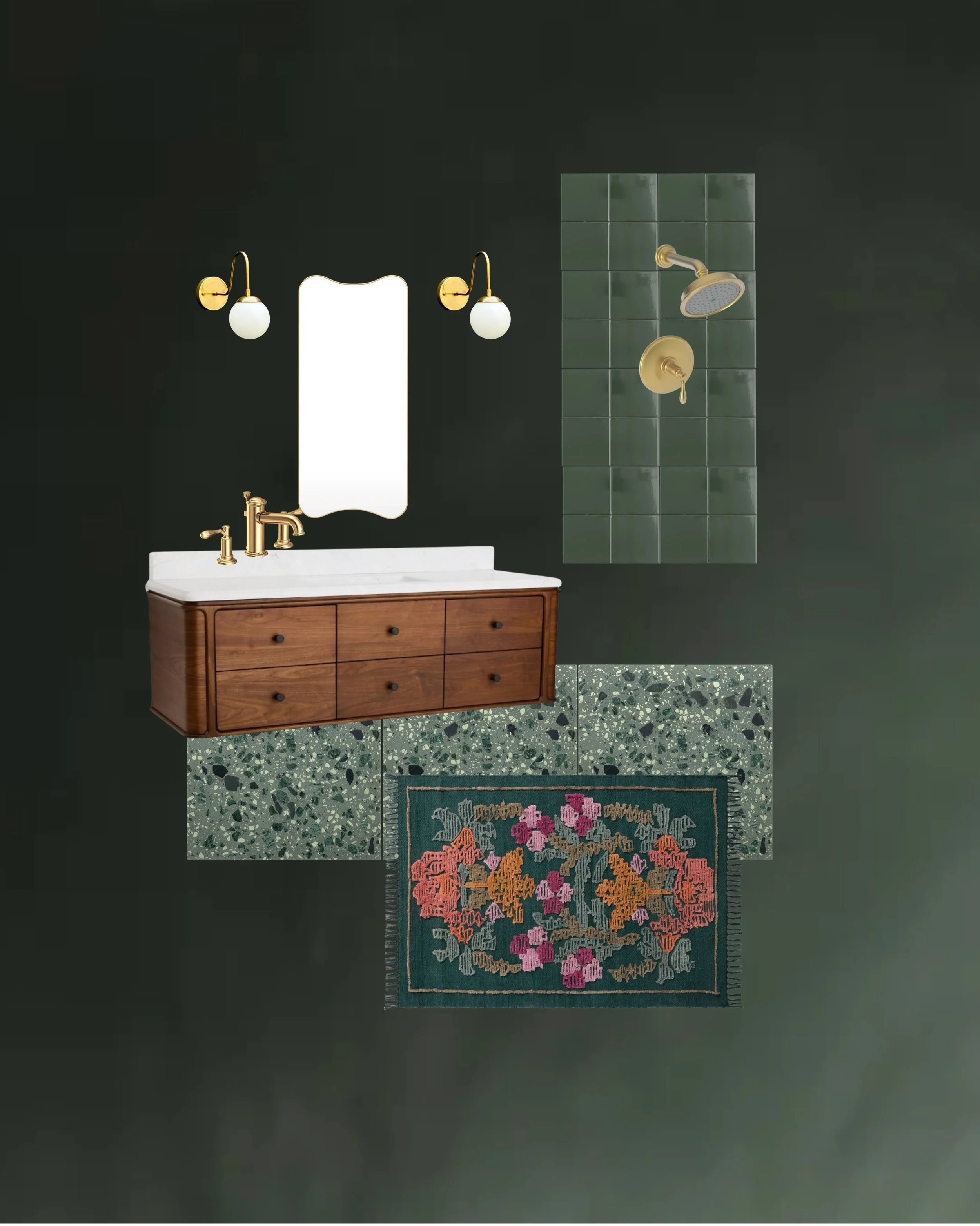 Green bathroom board with wood vanity, brass and terrazzo