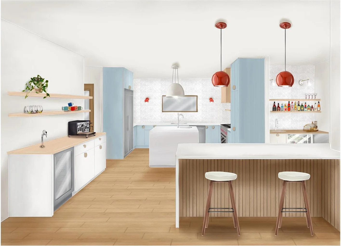 Pale kitchen island with white bar stools and red pendant lights beyond