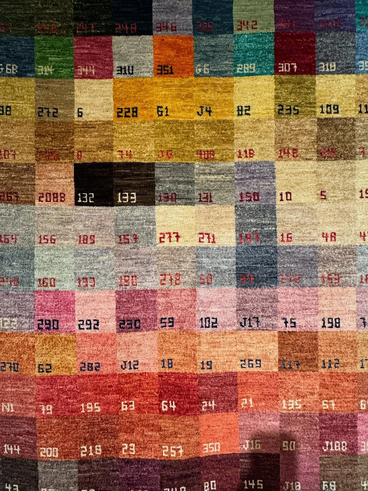 Patchwork textile with numbered blocks of varied colors