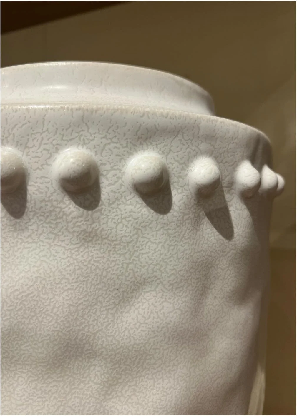 White ceramic planter with raised rounded decoration around the rim