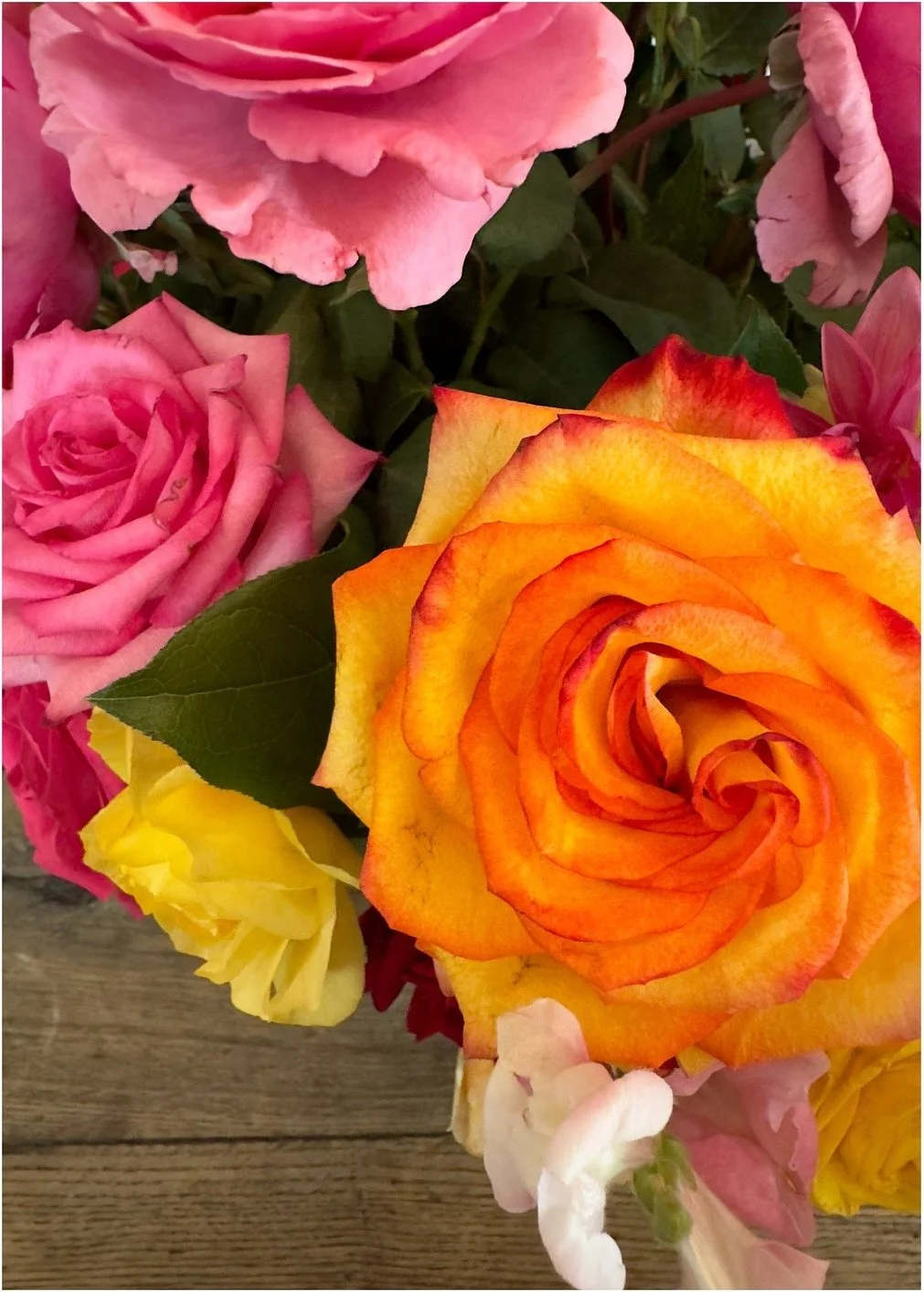 Pink and orange roses arranged together in a vase