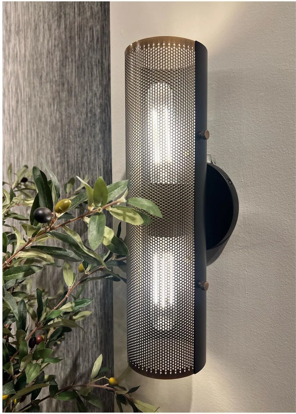 Long curved wall sconce beside trailing green foliage