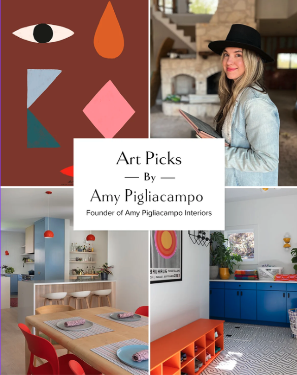 Art Picks by Amy Pigliacampo: collage of artwork, a portrait of Amy, and colorful interiors.