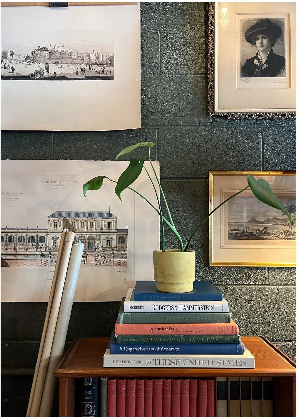 Small potted plant on stacked colorful books beneath framed art